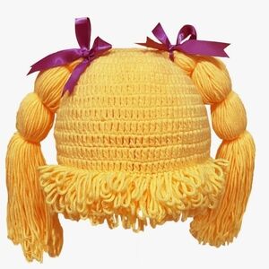 Yellow Crochet Wig Hat with Purple Bows